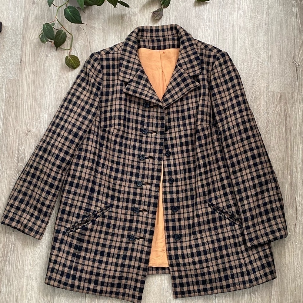 Vintage Wool Plaid Brown Black Pea Coat Buttons Union Made
